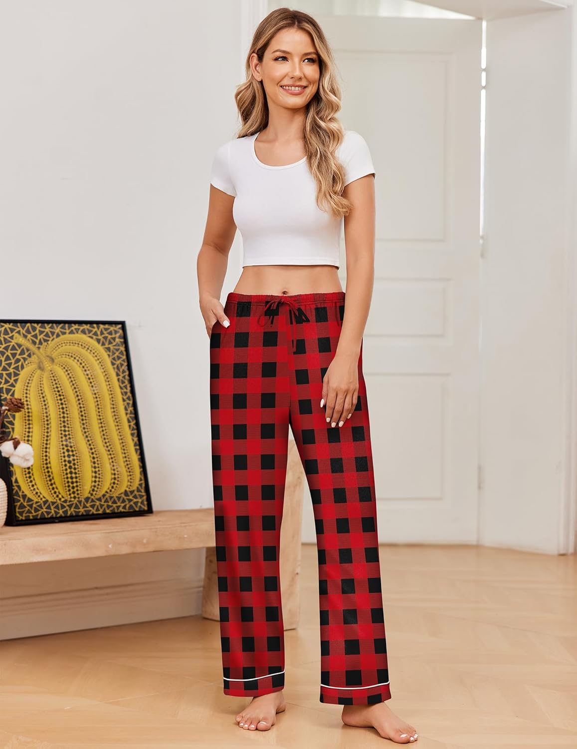 Black and red plaid pajama pants with elastic waistband, soft lounge sleep trousers