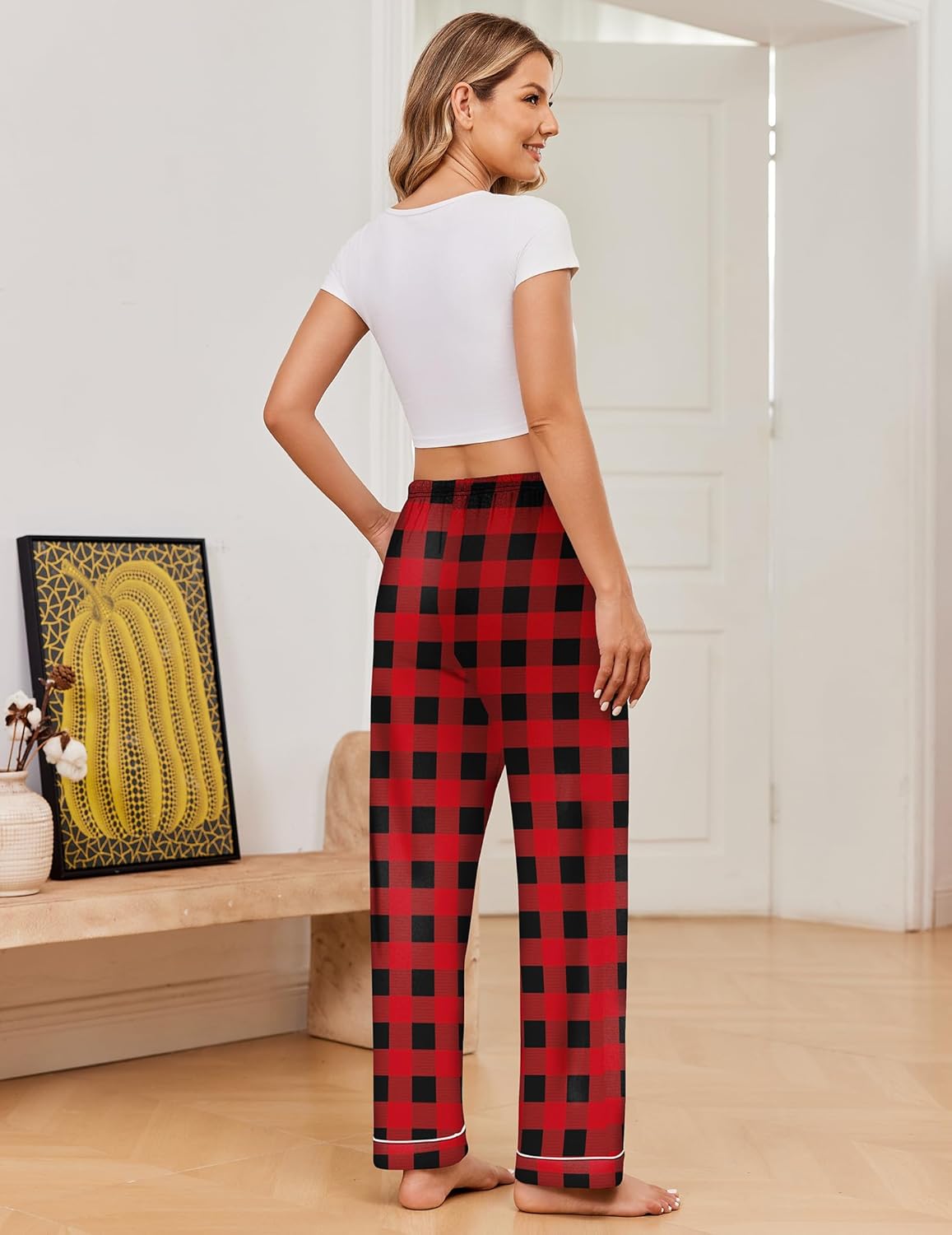 Red-and-black check pajama pants, relaxed straight leg, elastic waistband for sleep