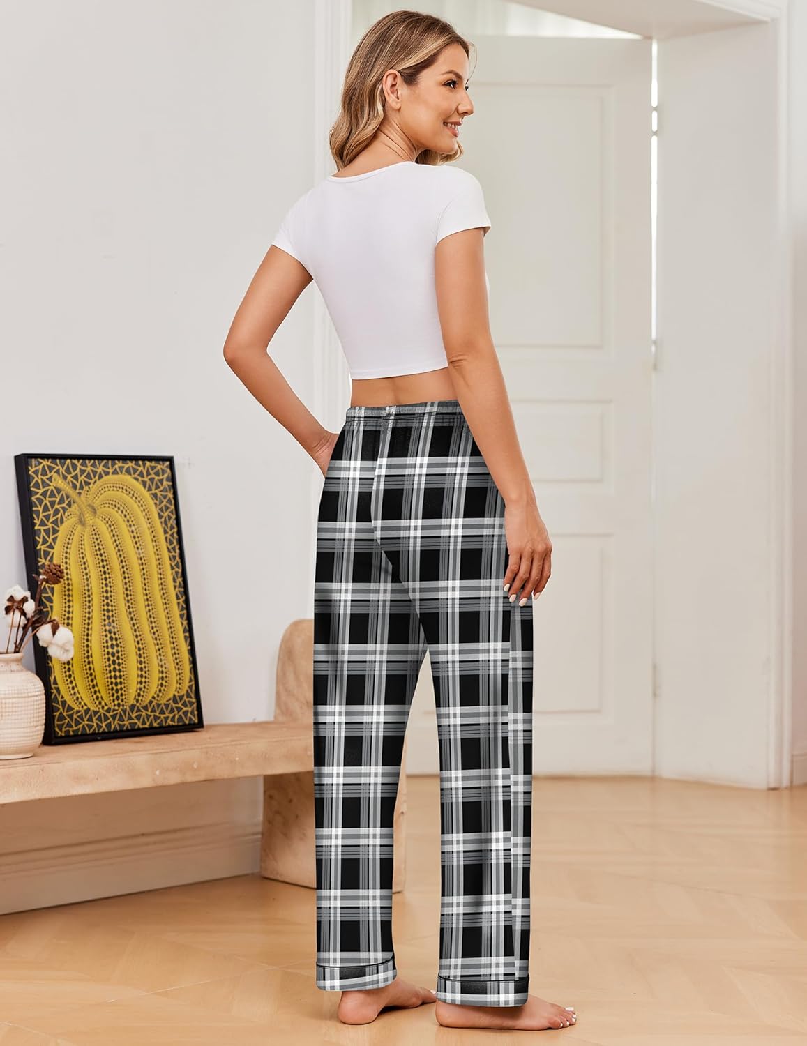 Black check plaid wide-leg pajama pants with drawstring waist, soft sleep bottoms