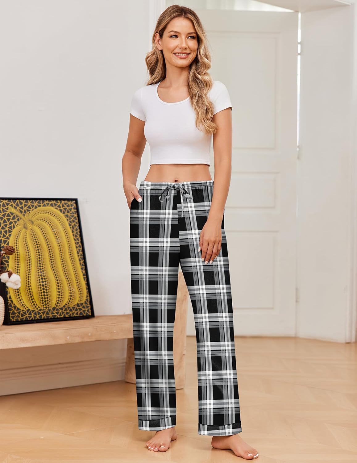 Black plaid pajama pants with soft drawstring waist, wide-leg sleep trousers