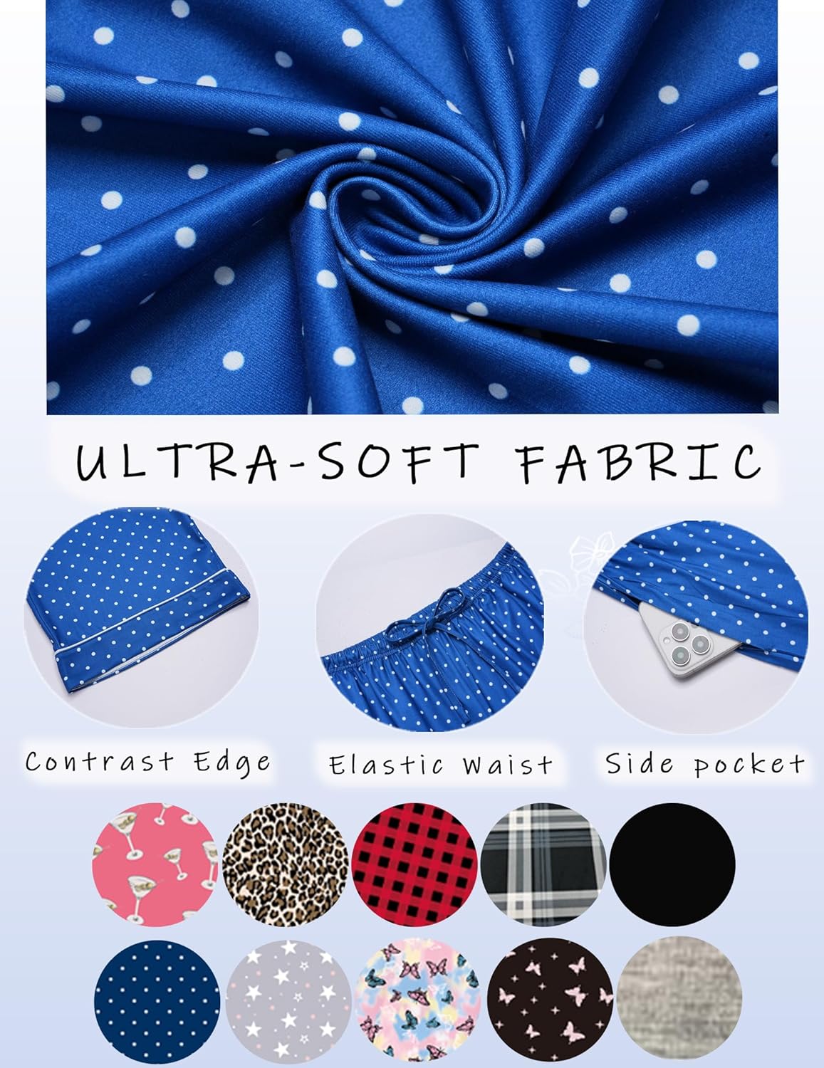 Navy blue polka-dot pajama fabric with contrast edge, elastic waist, side pocket details