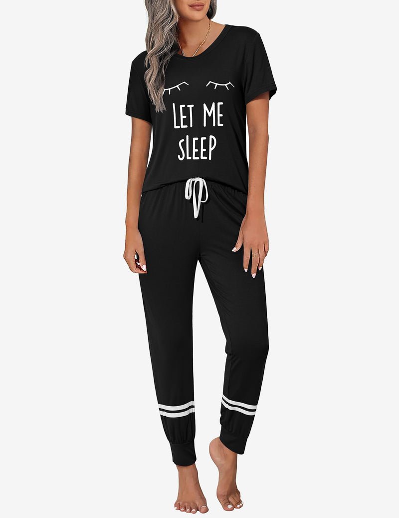 Schwarzer 2-teiliger Pyjama-Set: T-Shirt „LET ME SLEEP“, Hose mit Kordelzug und weißen Streifen