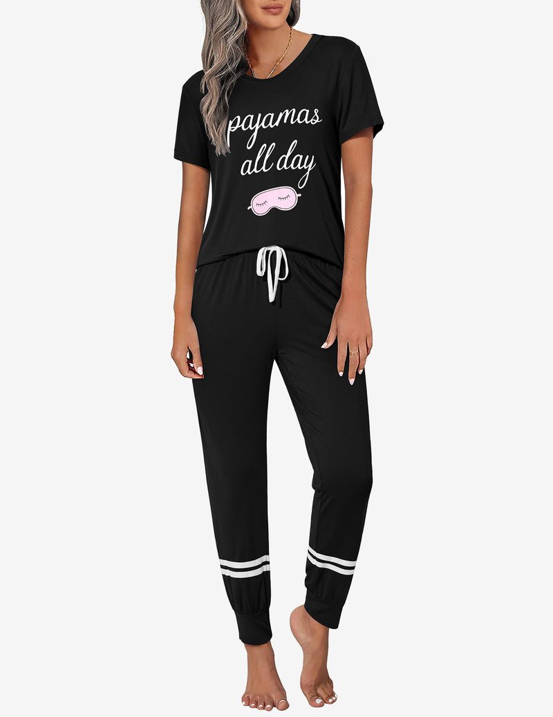 Schwarzer 2-teiliger Pyjama-Set: T-Shirt „pajamas all day“ mit Hose, weiß gesäumt