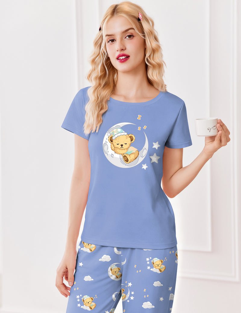Pajamas 2-teiliger Lounge-Set in Blau, Bären-T-Shirt und Schlafhose mit Allover-Motiv