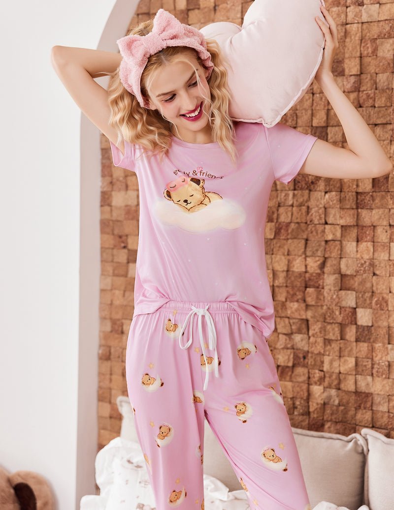 Rosa Pajamas 2-teilig, bärenbedrucktes Shirt mit Wolken und gemusterte Schlafhose