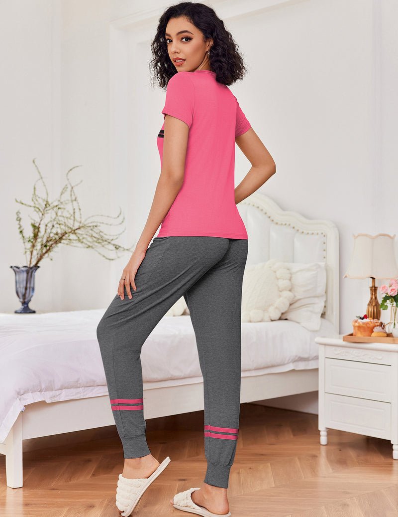 Pajamas 2-teiliger Lounge-Set, rosa T-Shirt und graue Jogginghose mit Streifen