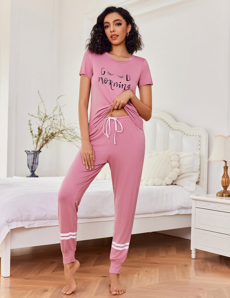 Rosa 2-teiliger Pyjama-Set: T-Shirt mit „Good Morning“-Schriftzug, Hose mit Kordelzug