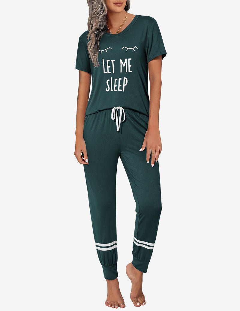 Dunkelgrüner 2-teiliger Pyjama-Set: T-Shirt „LET ME SLEEP“, Hose mit Kordelzug und weißen Streifen