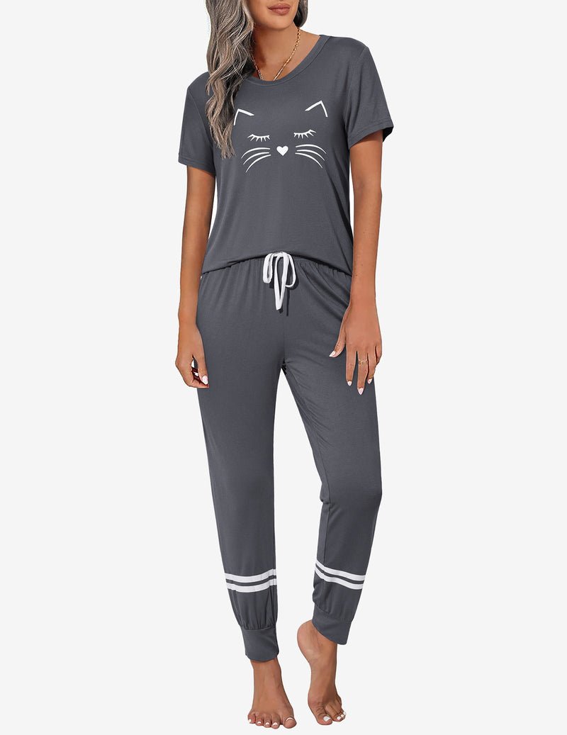 Dunkelgrauer 2-teiliger Pyjama-Set: T-Shirt mit Katzenaugen-Print, Hose mit Kordelzug und weißen Streifen