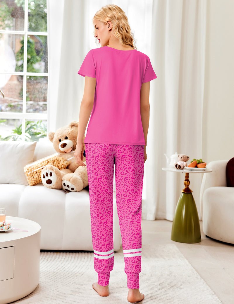 Rosa 2-teiliger Pyjama-Lounge-Set: T-Shirt und Hose mit Allover-Muster, weißem Saum