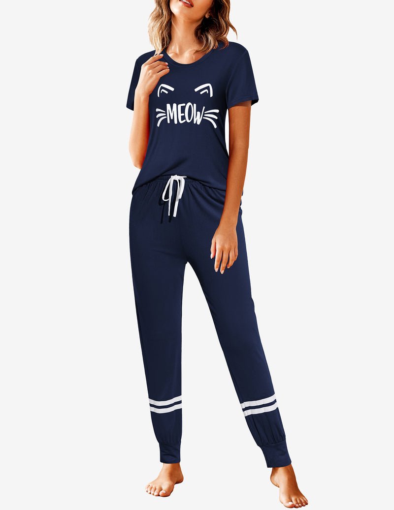 Dark navy 2-piece pajama set with “MEOW” cat graphic, drawstring jogger pants.