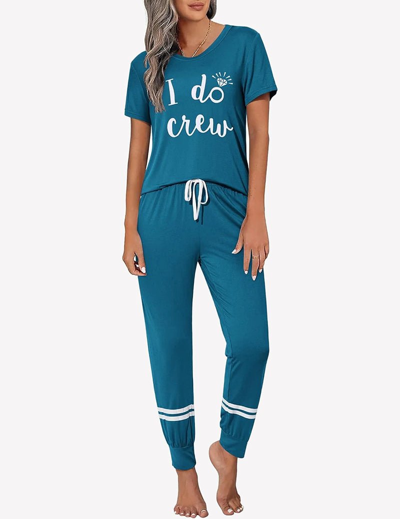 Teal-blue 2-piece pajama set with “I do crew” tee and drawstring jogger pants