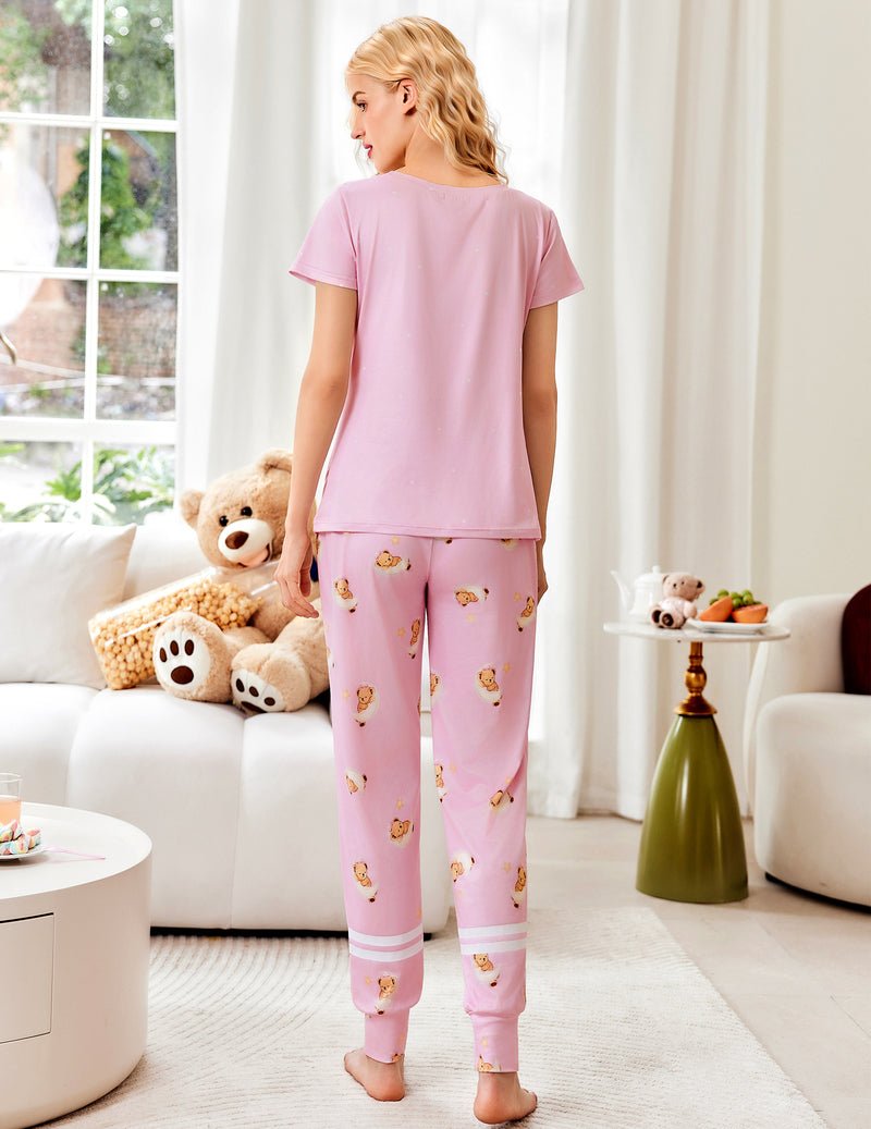2-teiliger Schlafanzug-Set, rosa, T-Shirt hinten und lange Hose mit Bärchen-Print