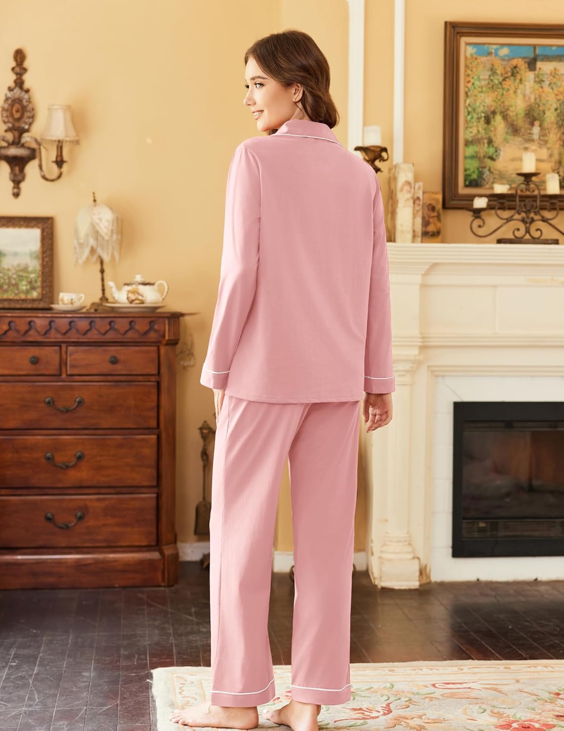Pajamas set in lilac cotton, long-sleeve button-down with matching pajama pants