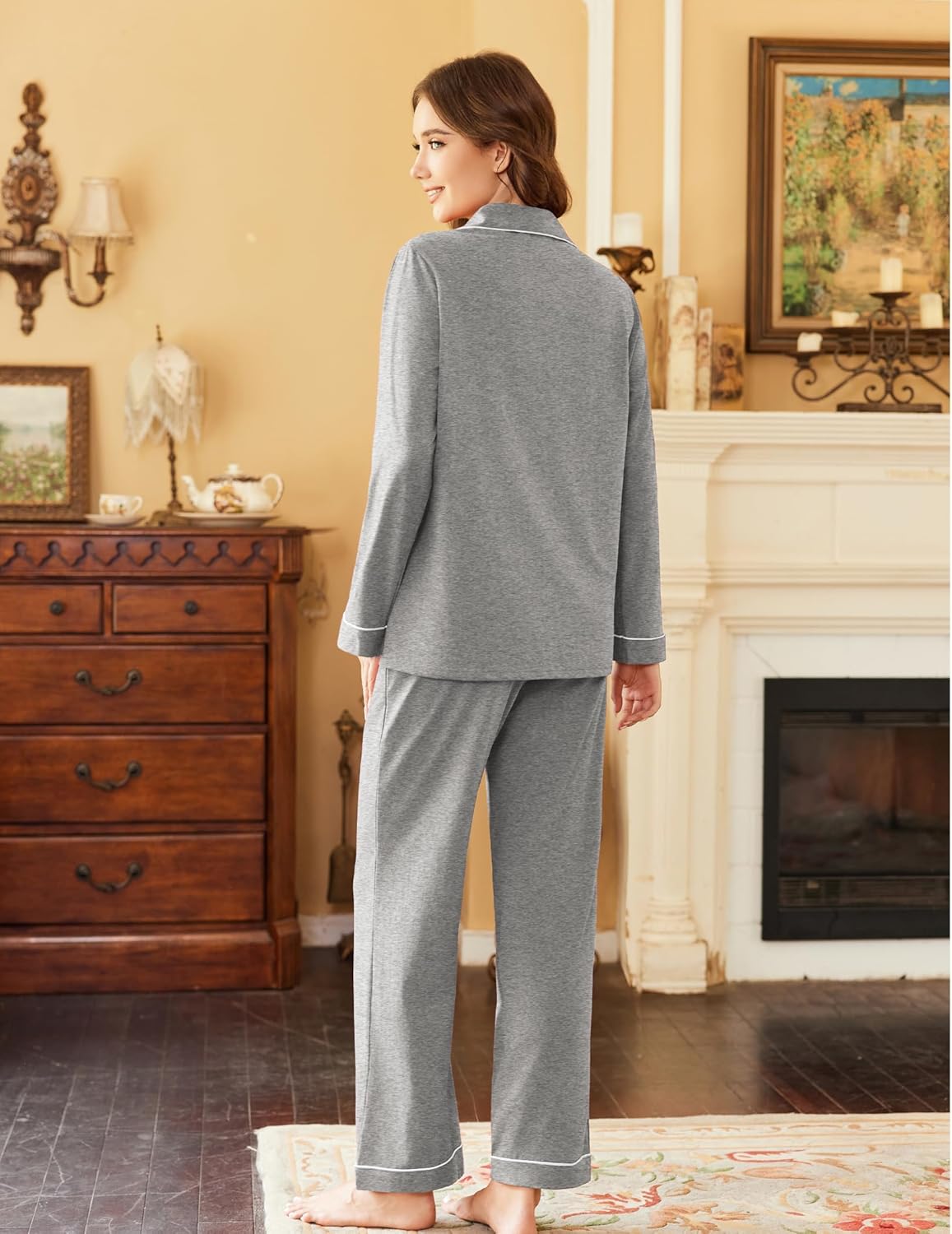 Light gray cotton pajama set with long-sleeve button-up top and matching long pants