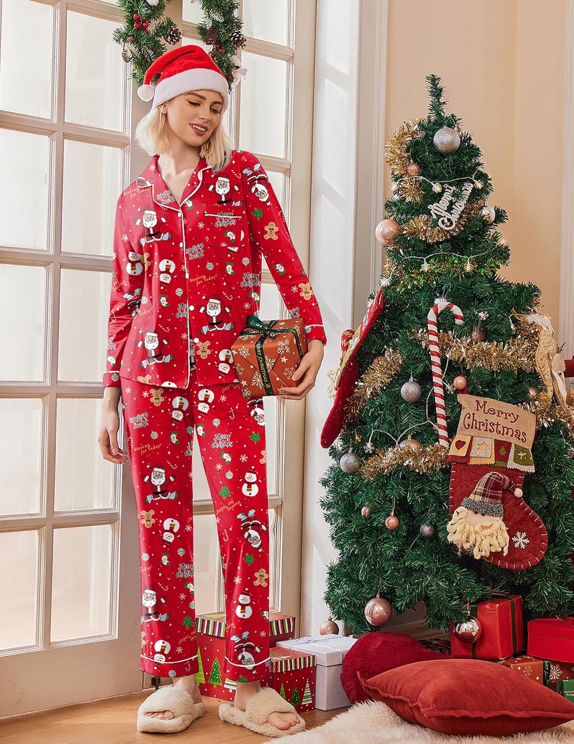 Red cotton pajama set with button-front shirt, long pants, and festive print