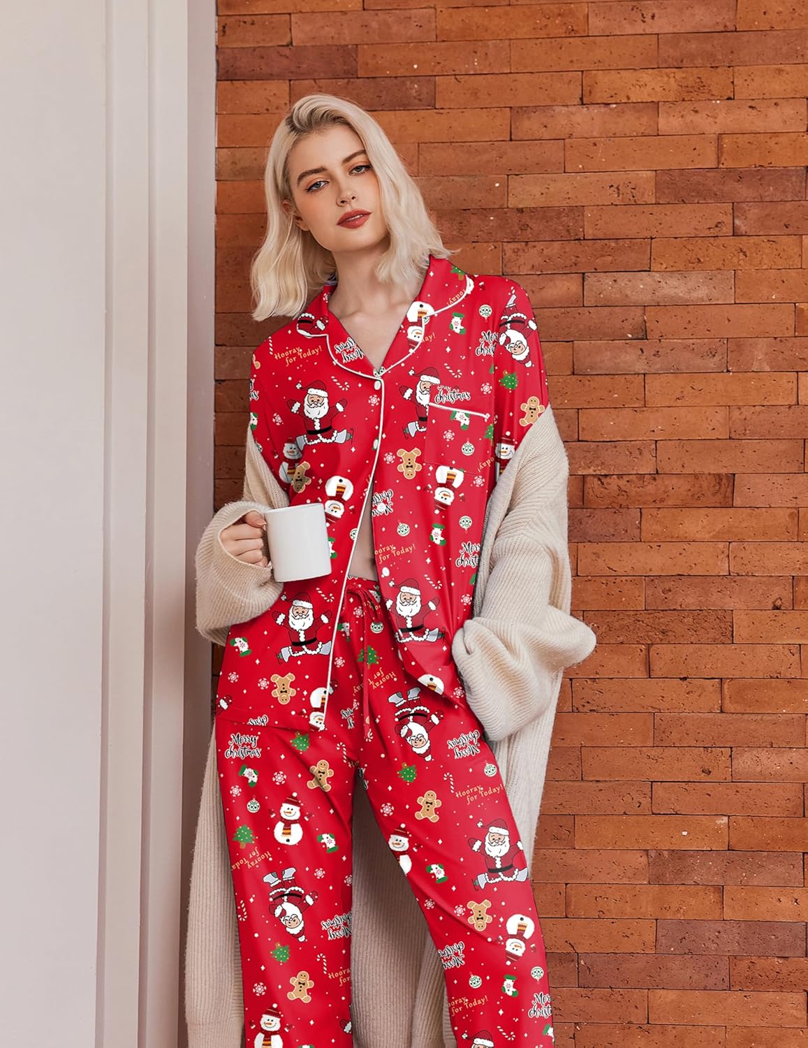 Red festive cotton pajama set with button-front shirt and matching long pants
