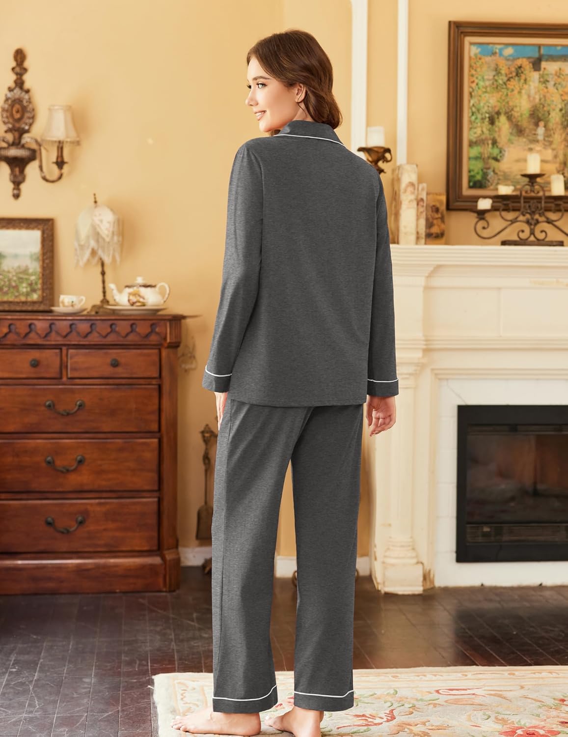 Ekouaer dark grey cotton pajama set, long-sleeve button top with matching trousers