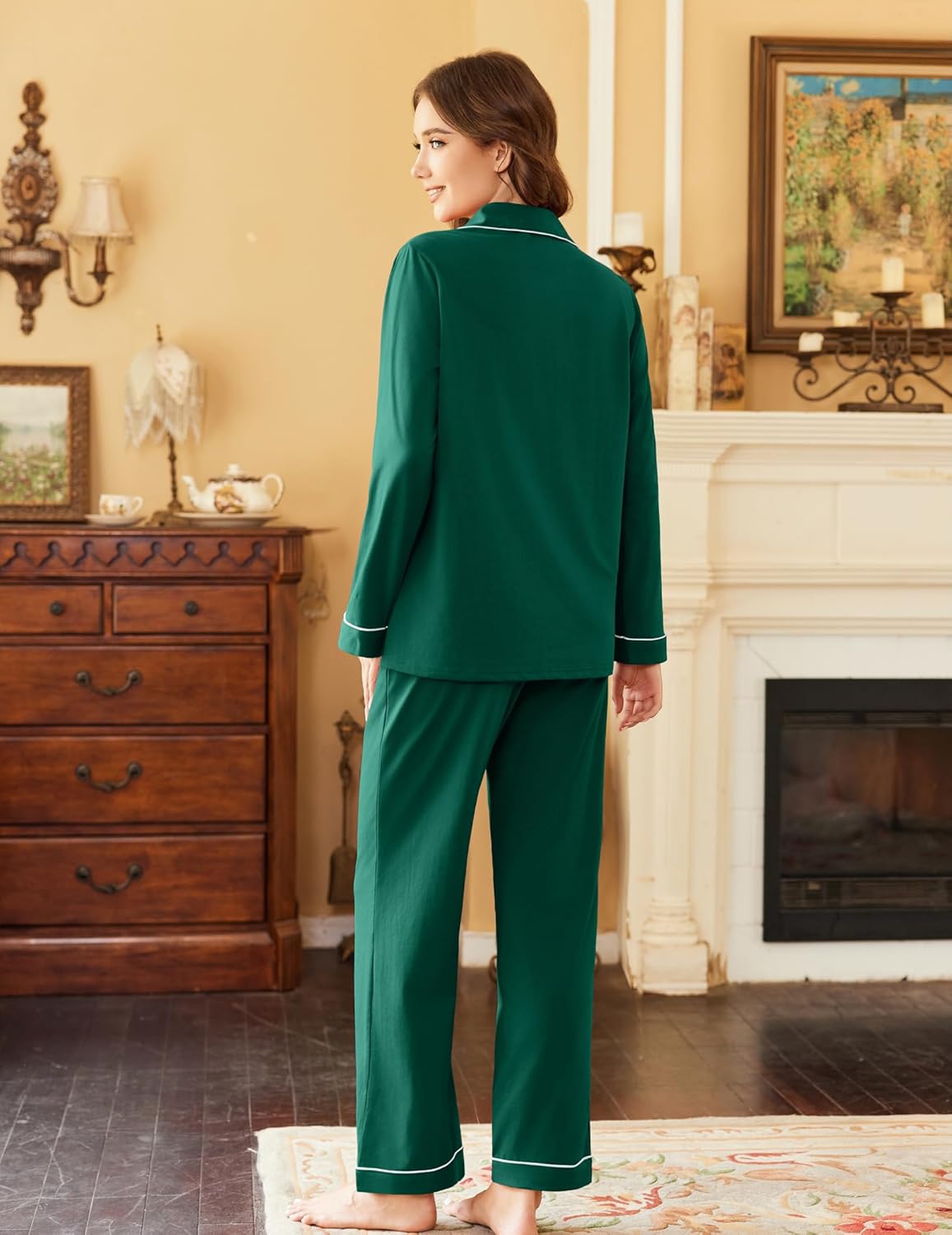 Green long-sleeve button-down pajama set with matching pants, visible back view