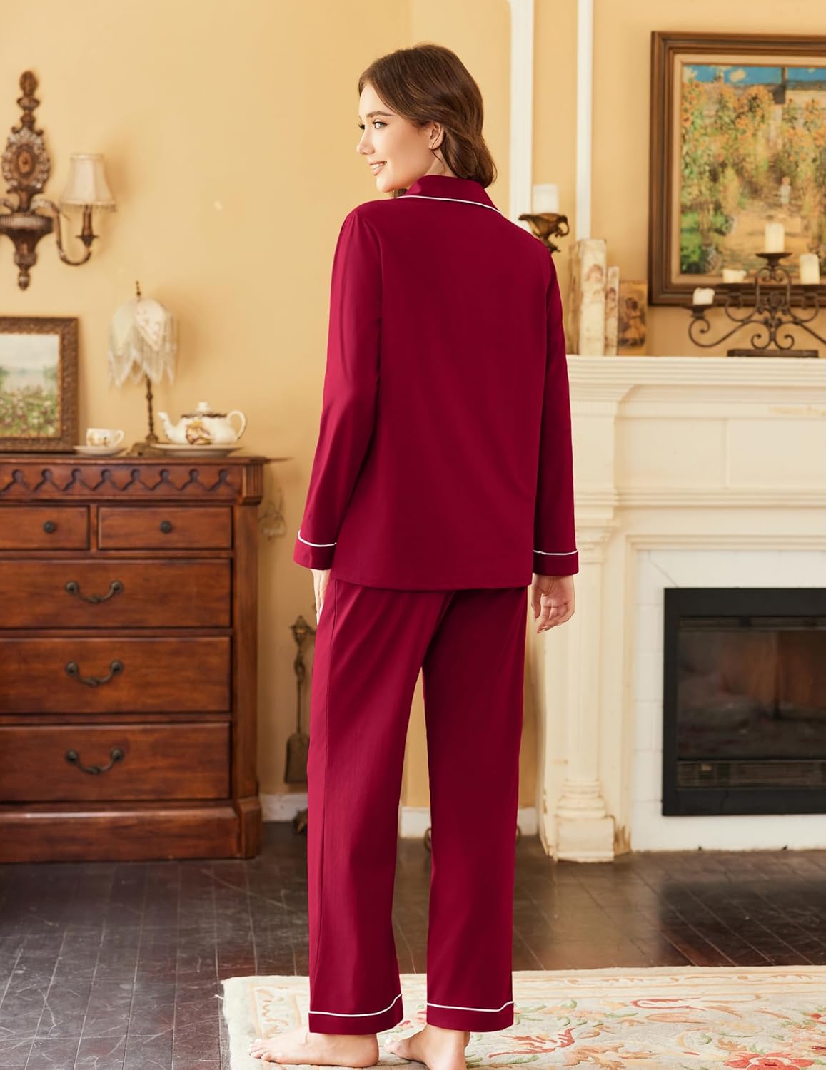 Wine/burgundy cotton pajama set with long sleeves, button front, and contrast piping