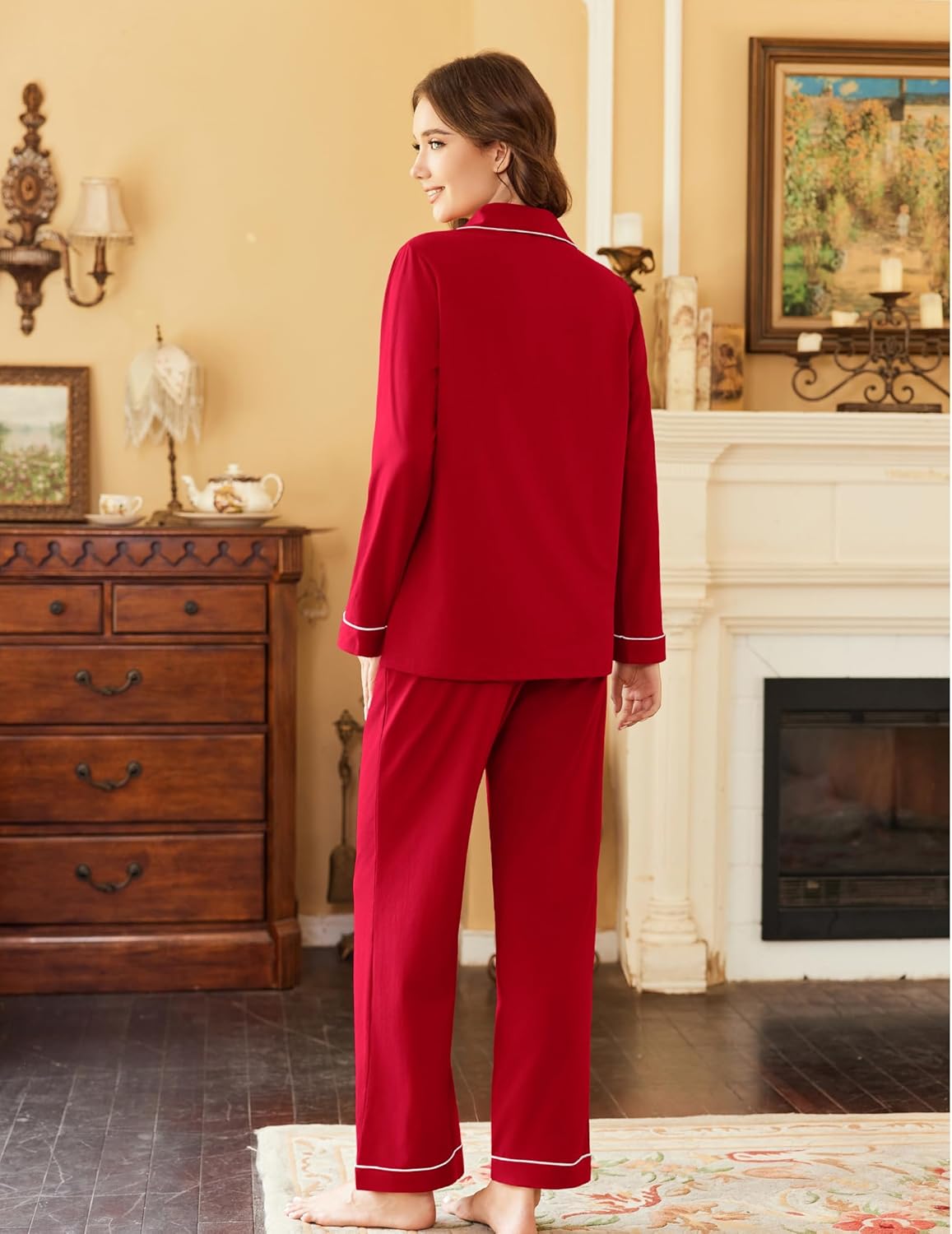 Red cotton pajama set with long-sleeve button-up top and matching ankle-length pants
