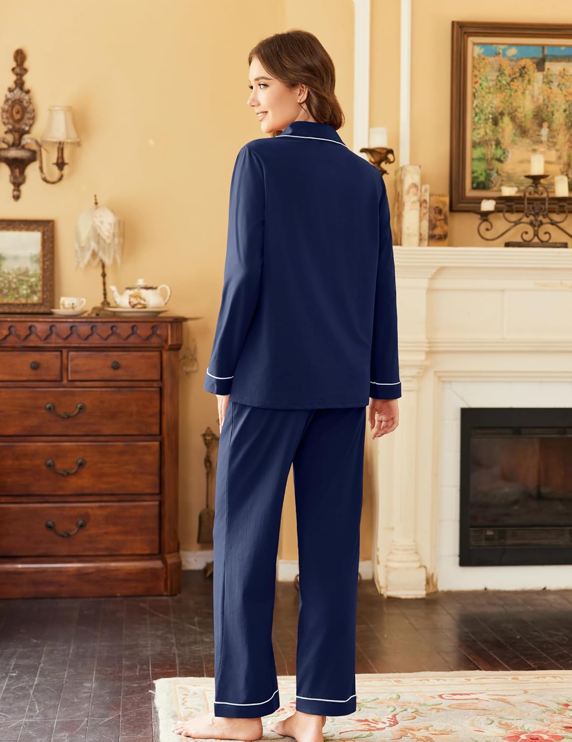 Blue navy cotton pajama set: long-sleeve button-up shirt and long pants with piping