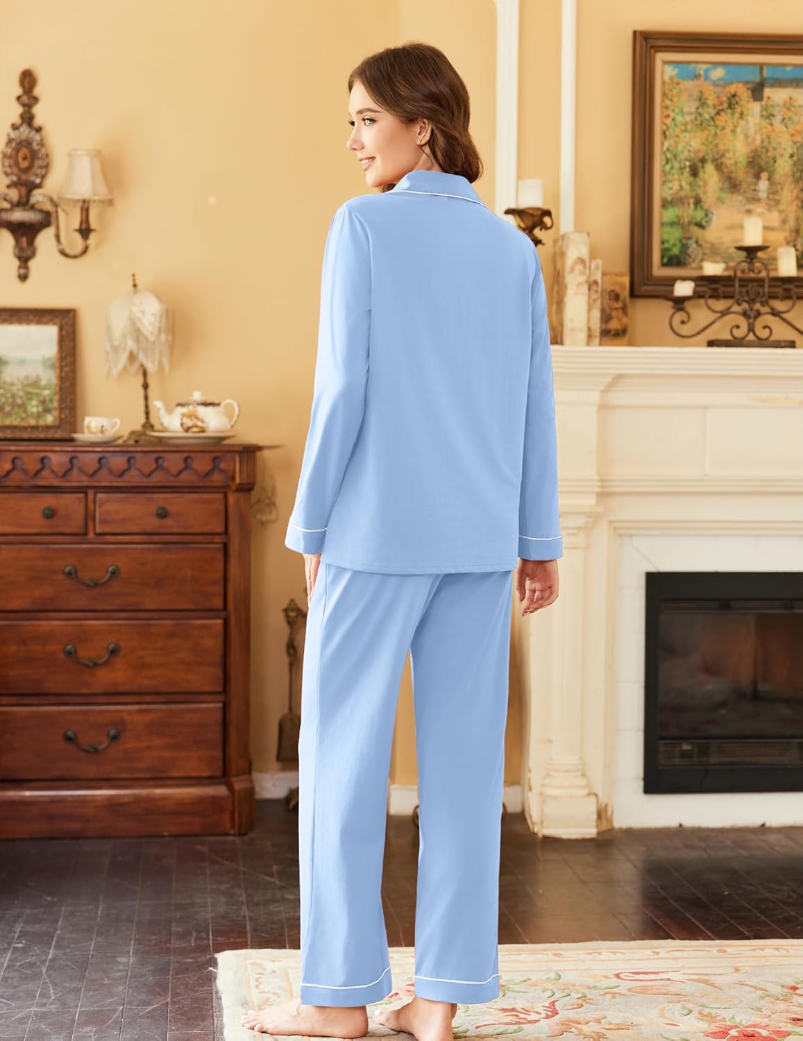 Light blue cotton pajama set, button-front long-sleeve top and straight-leg pants