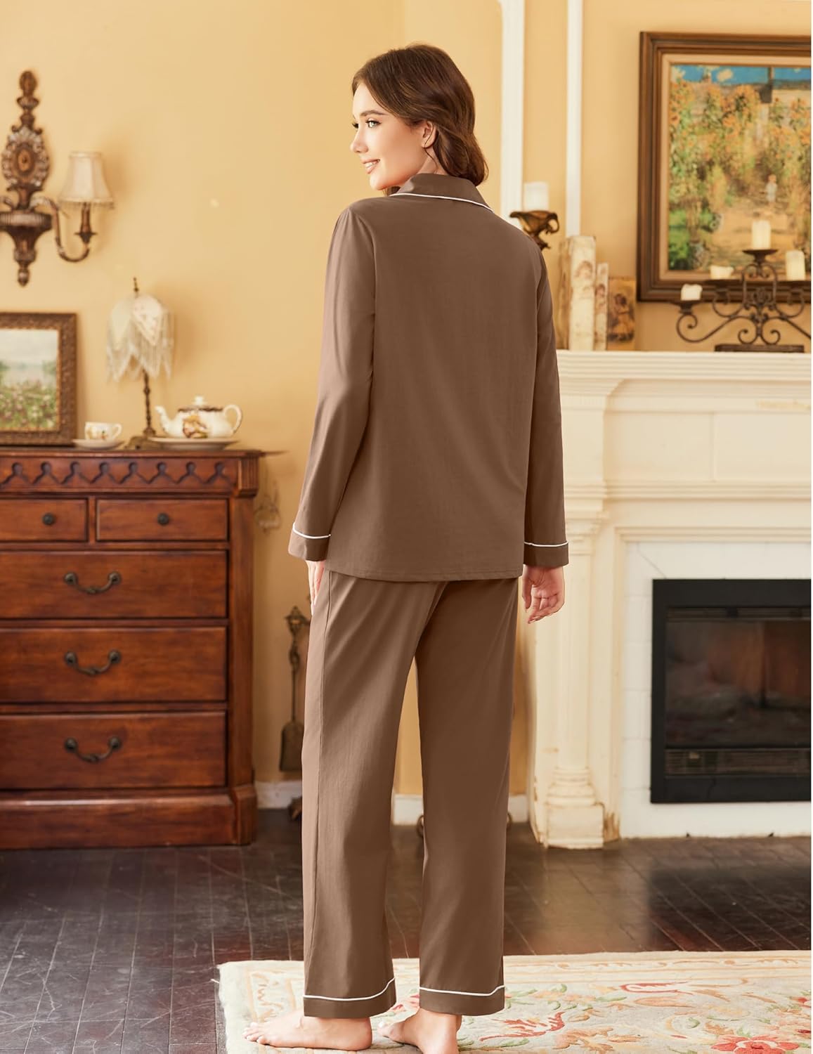 Brown/taupe cotton pajama set with long sleeves, button front, and contrast piping