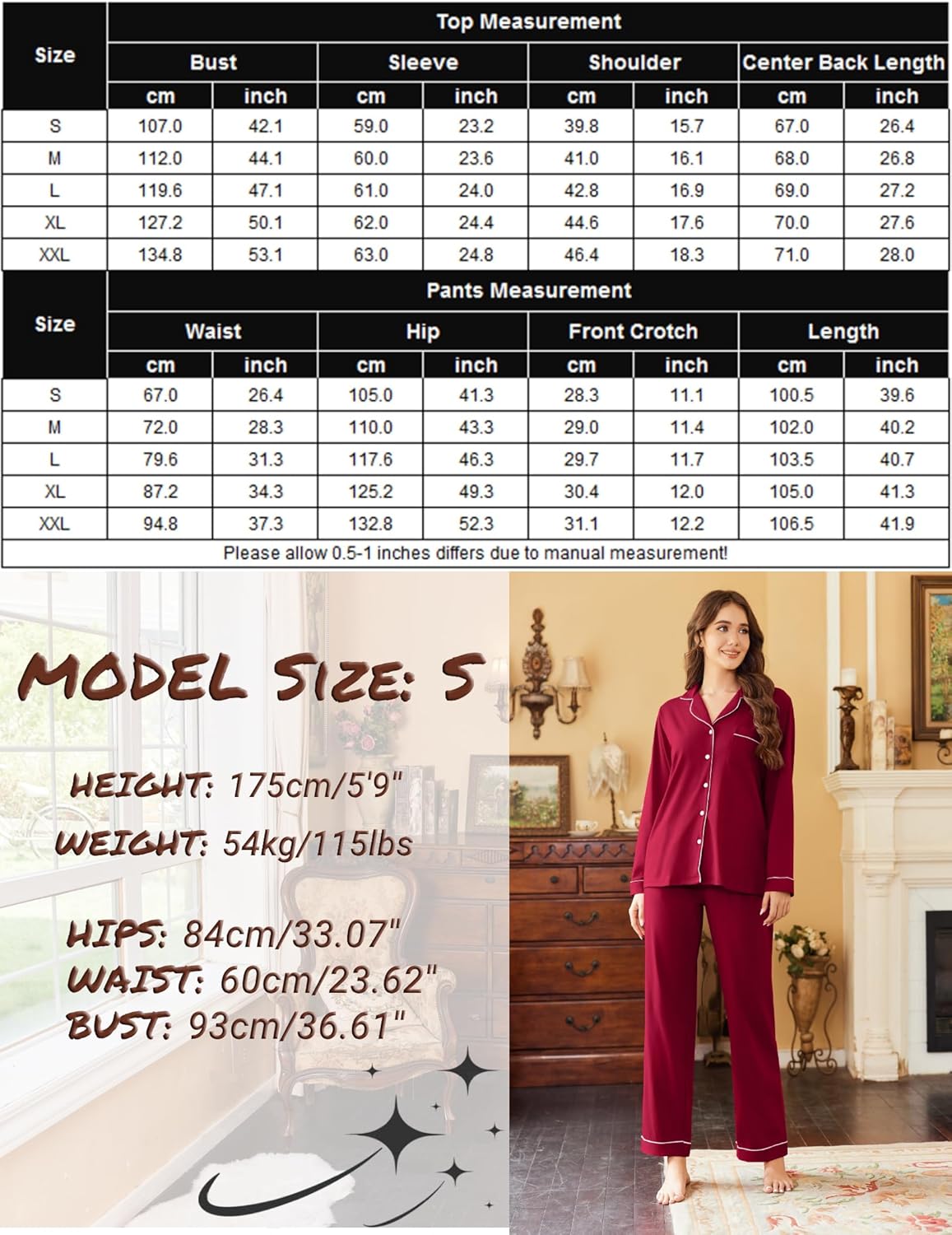 Red cotton button-down pajama set, long sleeves and matching pants shown on model