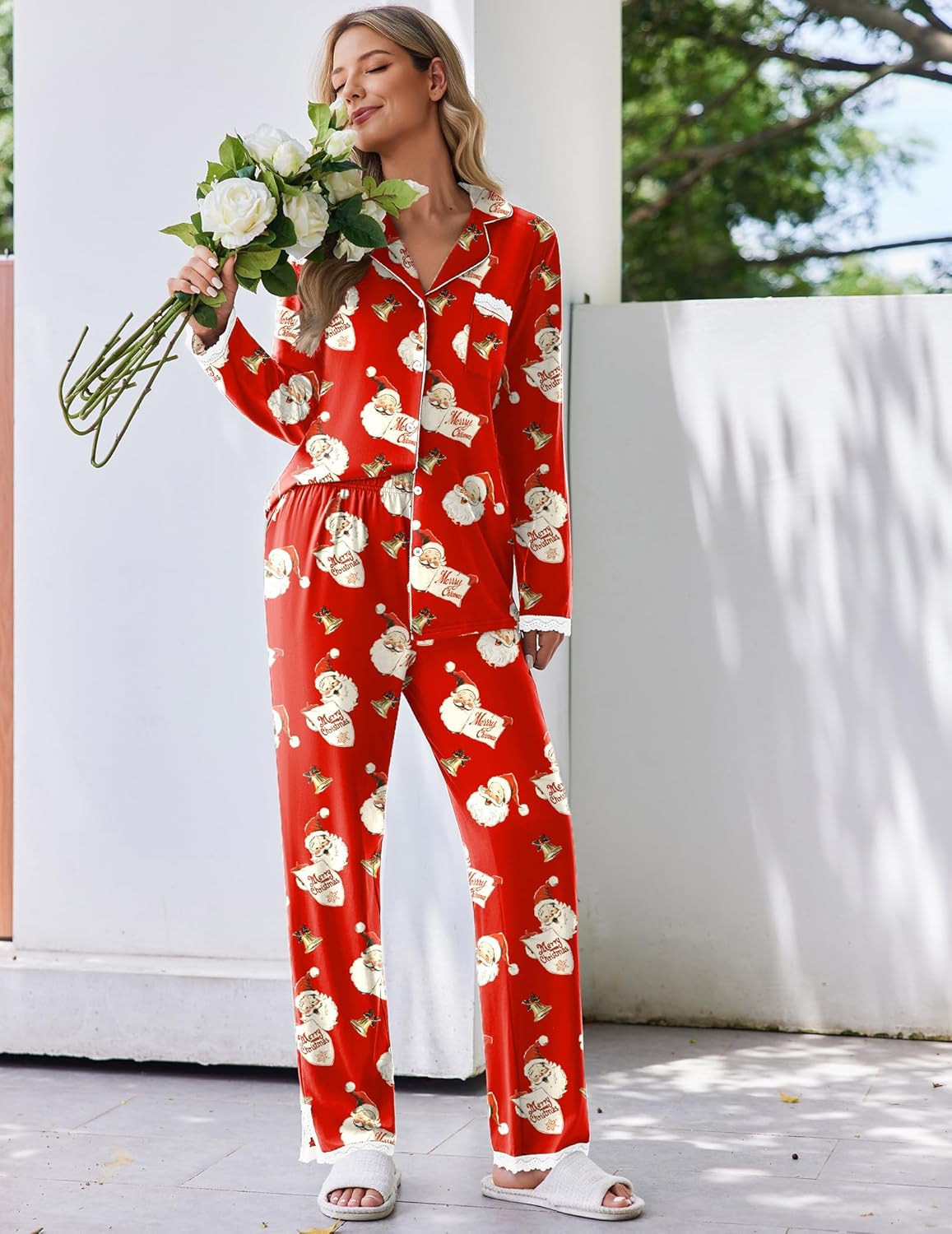 Red printed pajama set with button-front long-sleeve top and matching wide-leg pants.
