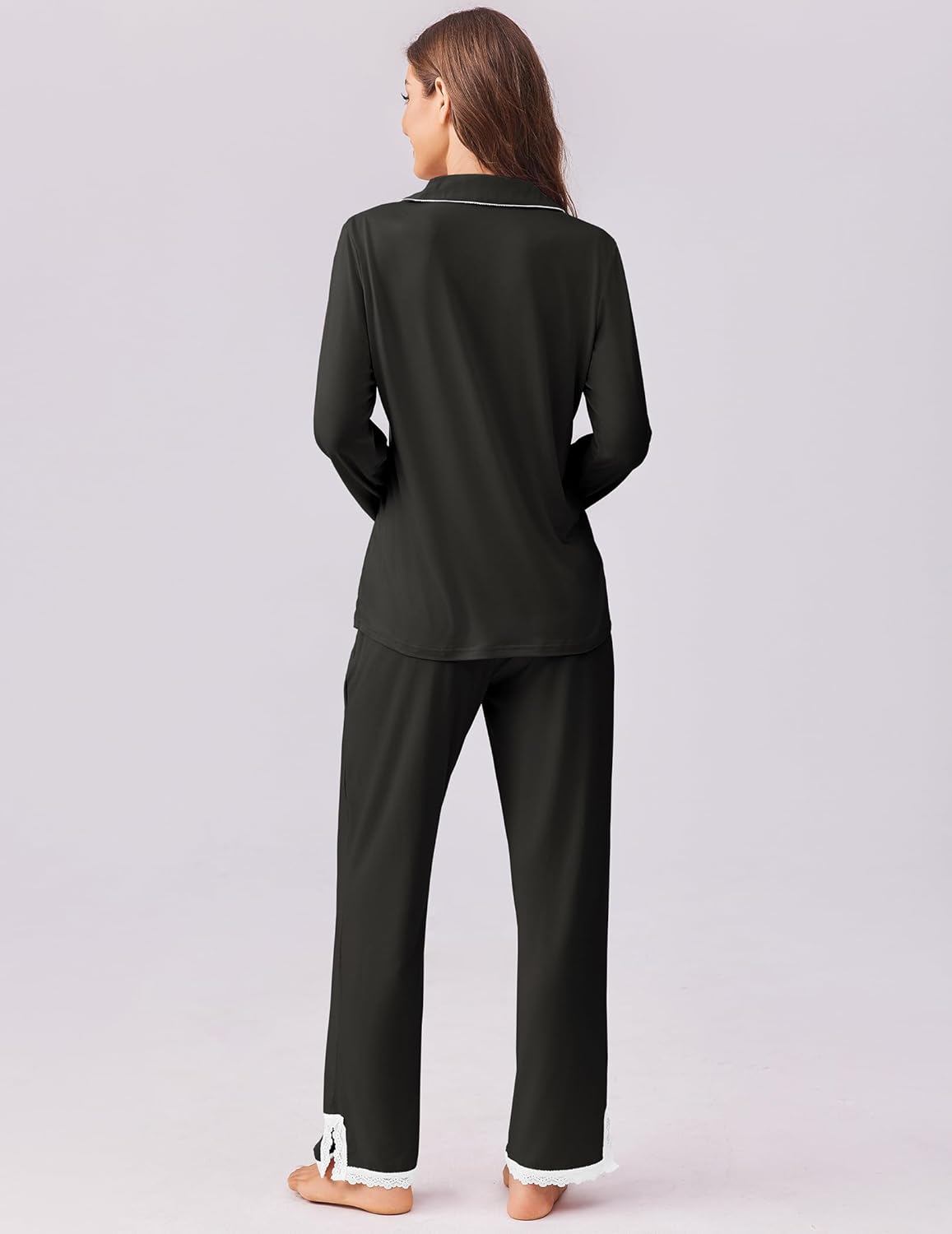 Black long-sleeve pajama set, button-down back view with matching straight-leg pants.