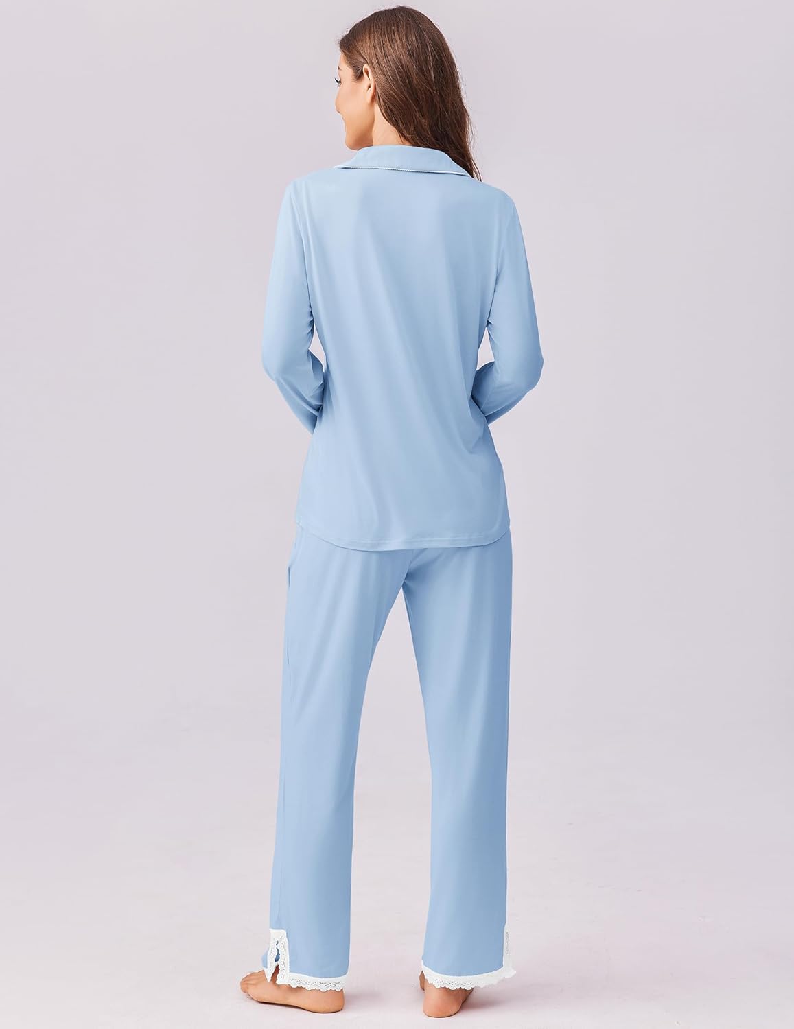 Light blue long-sleeve button-down pajama set, back view with wide-leg pants