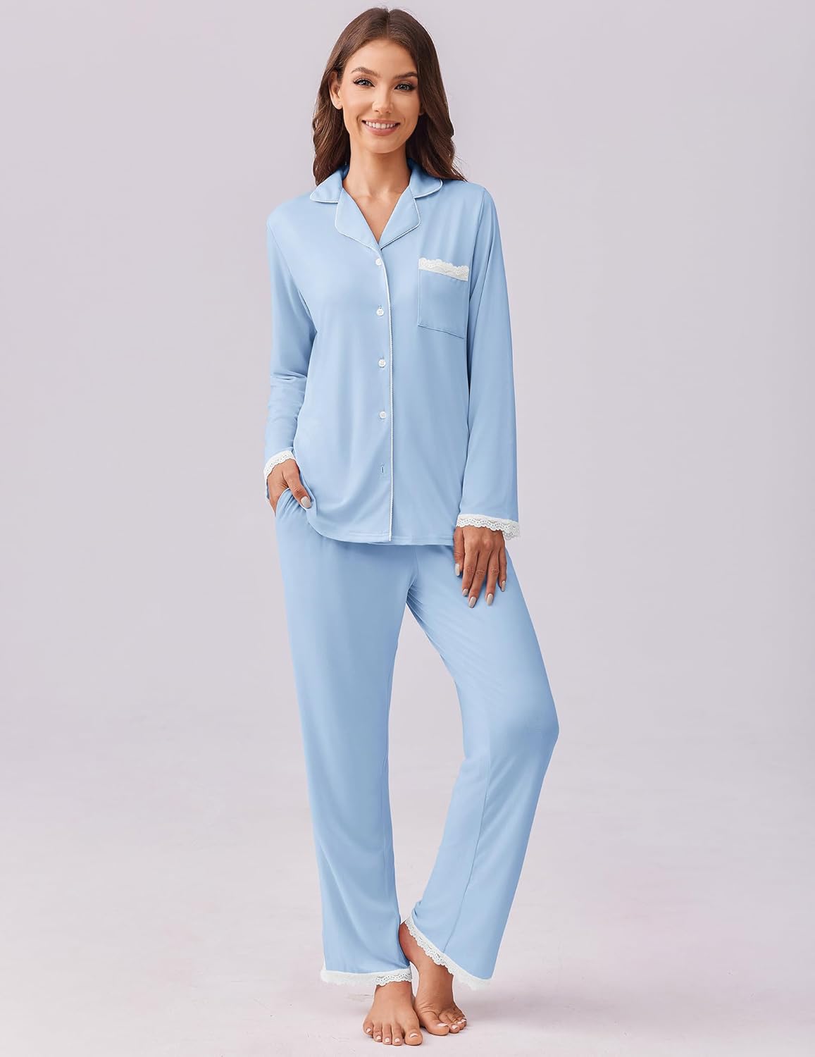 Light blue long-sleeve button-down pajama set with chest pocket and wide-leg pants