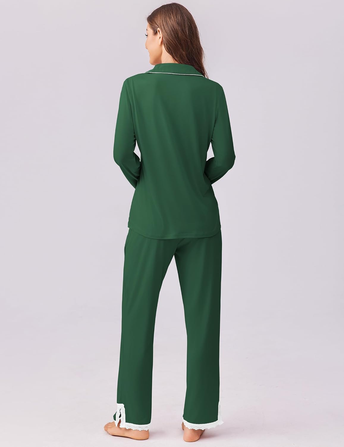 Green long-sleeve pajama set, back view with matching straight-leg pants.