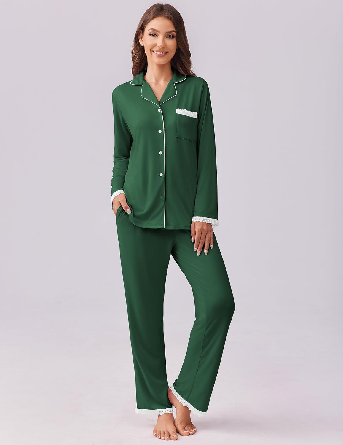 Green pajama set: long-sleeve button-down top with side pocket and matching pants.