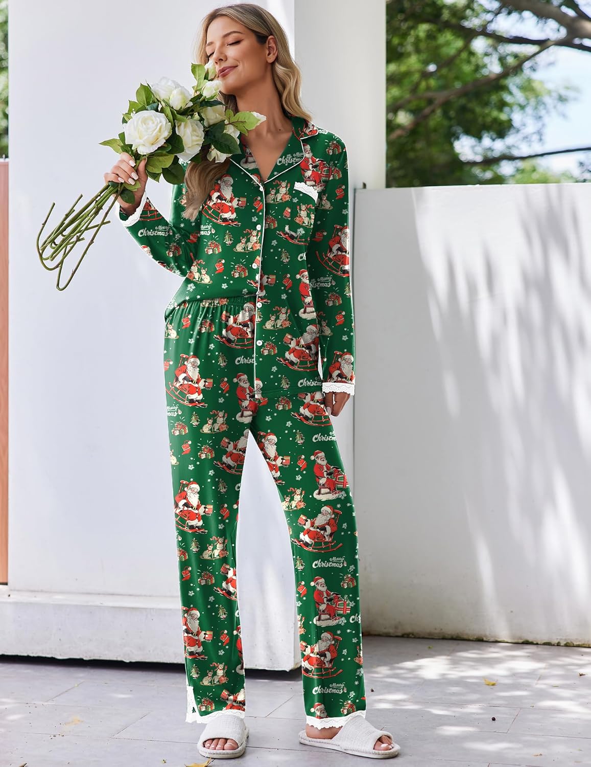 Green Santa printed pajama set, long-sleeve button-down top and matching wide-leg pants