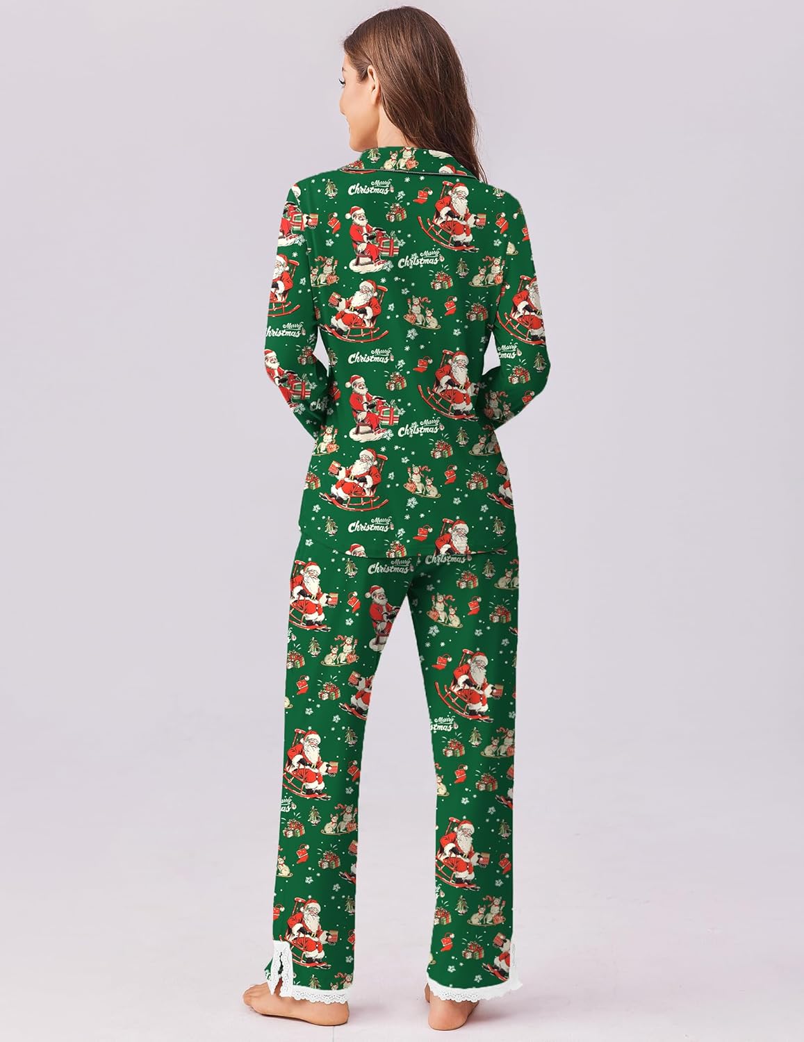 Back view of green Santa print button-down pajama set with relaxed straight-leg pants