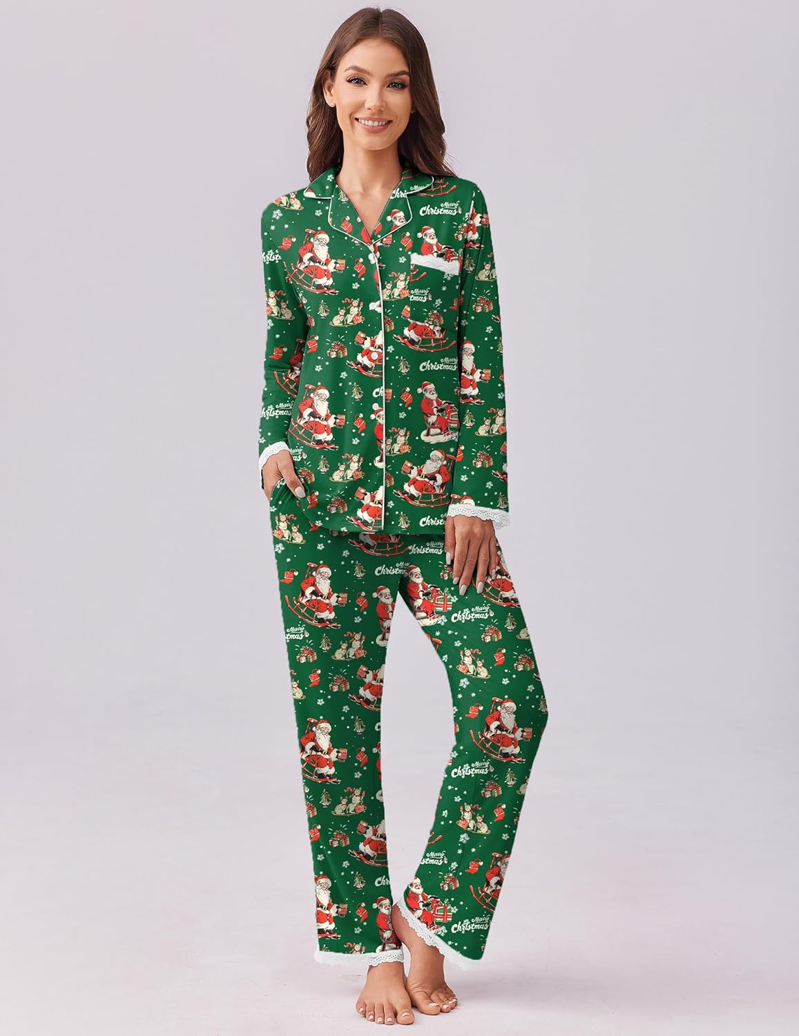 Green Santa printed long-sleeve button-down pajama set with lace-trim cuffs