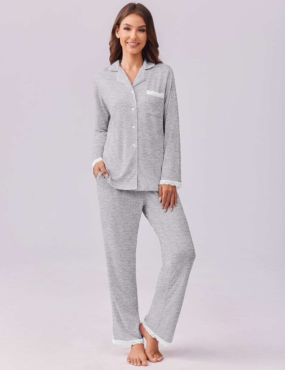 Grey heather long-sleeve button-down pajama set with chest pocket and wide-leg pants