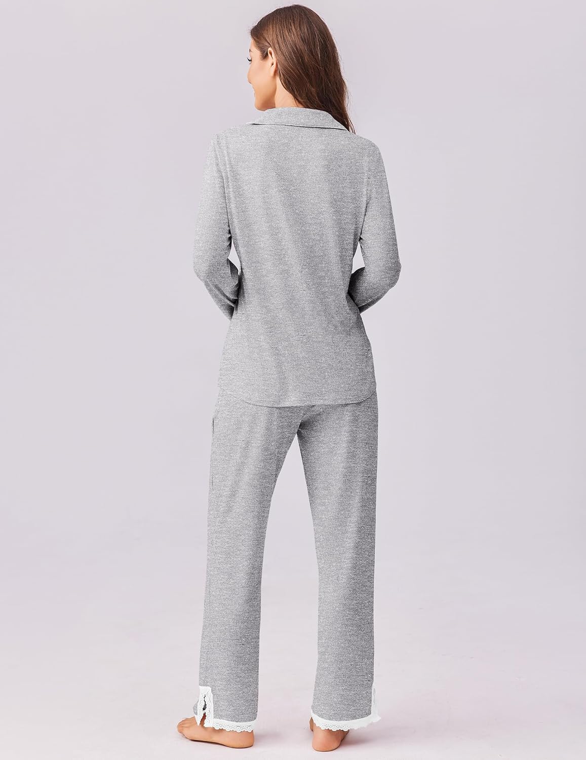 Grey heather pajama set back view: long-sleeve button top with wide-leg pants