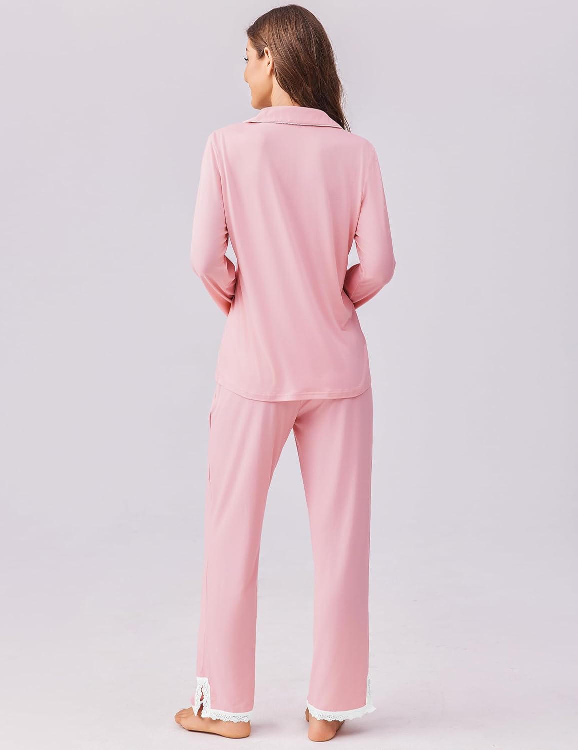 Back view of pink long-sleeve button-down pajama set with straight-leg pants