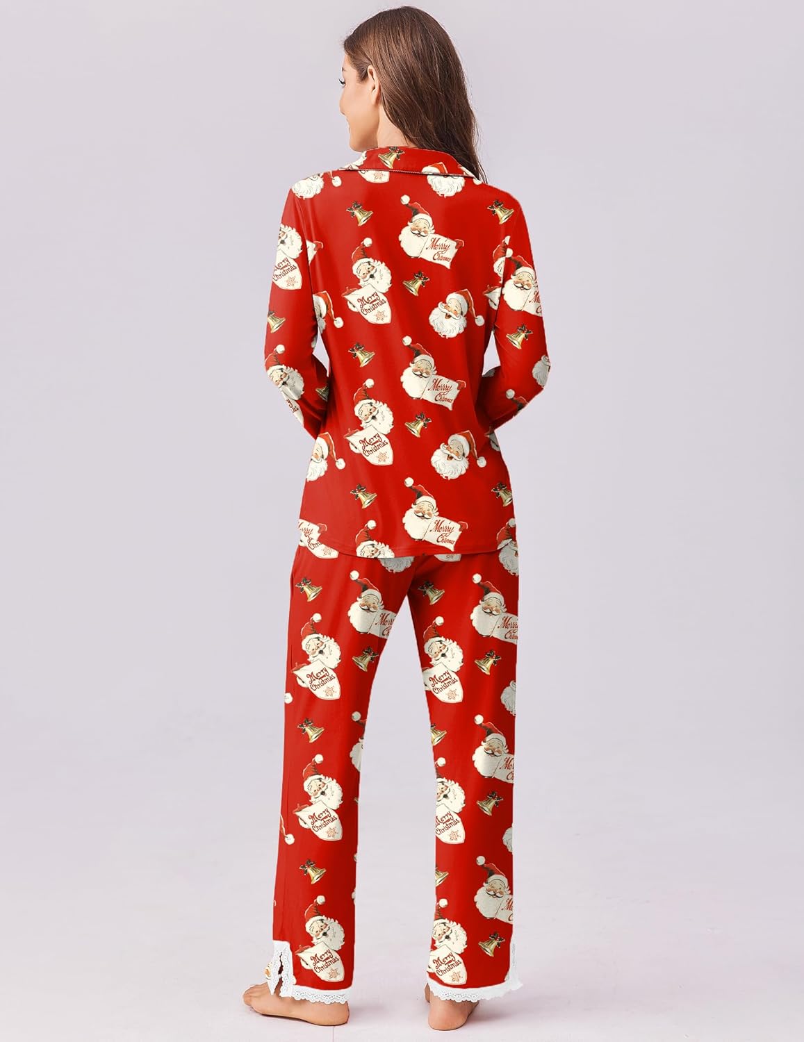 Red printed pajama set, button-front top back view with matching wide-leg pants.
