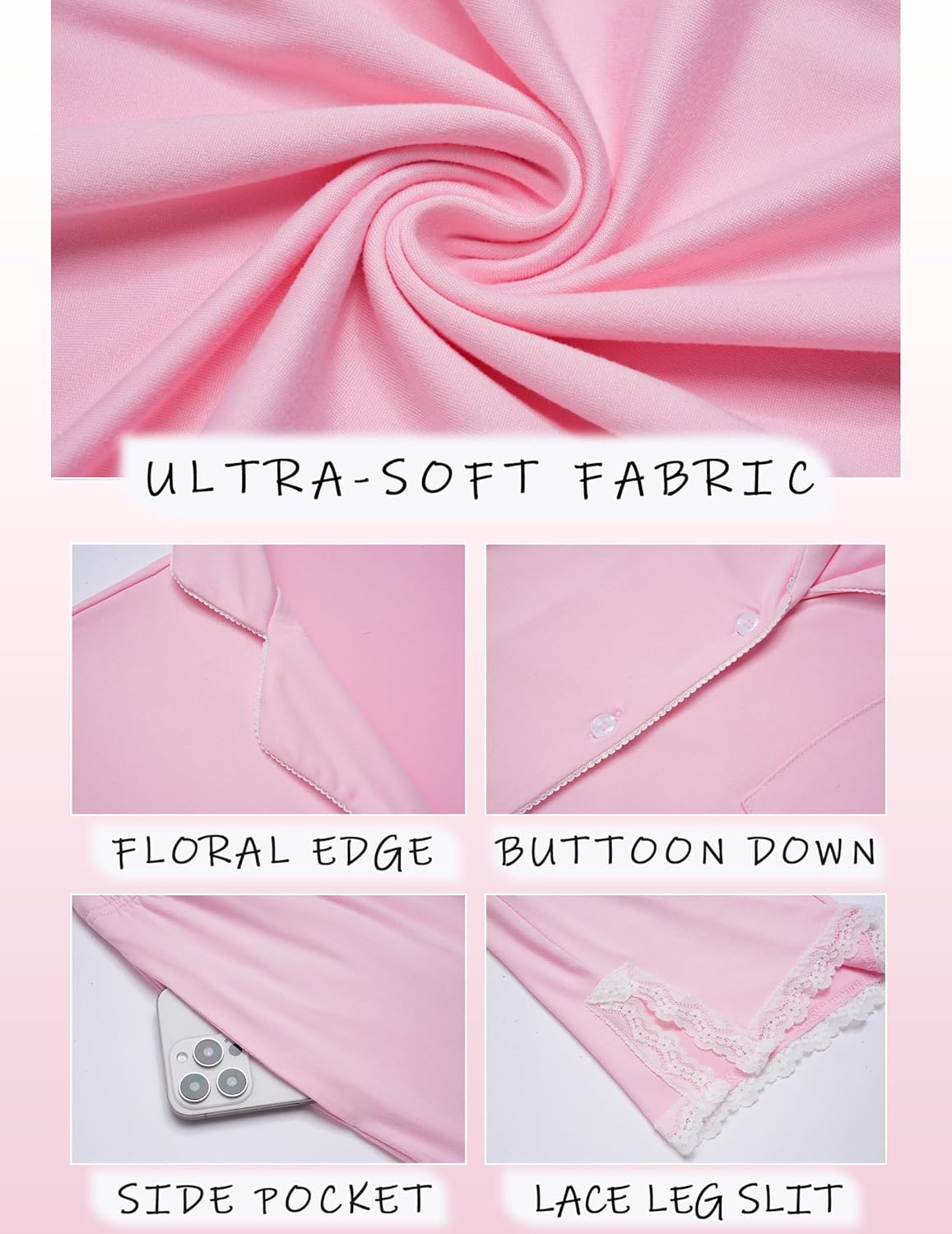 Pink pajama details: floral trim, button-down, side pocket, lace leg slit.