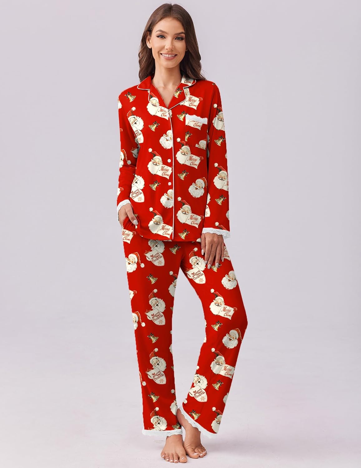 Red printed lounge set: long-sleeve button-down shirt with side pocket and pants.