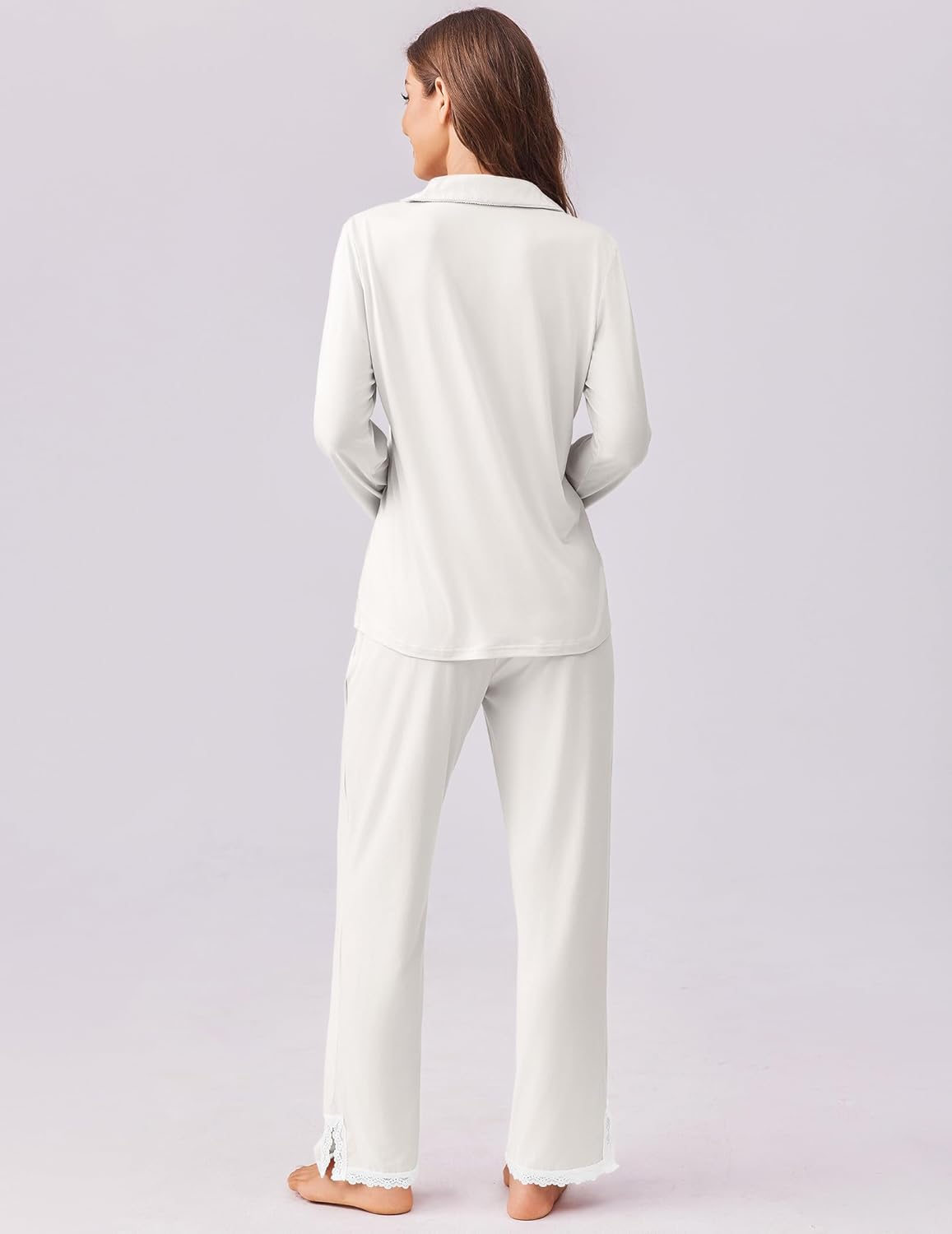 Back view of white long-sleeve button-down pajama set with straight-leg pants