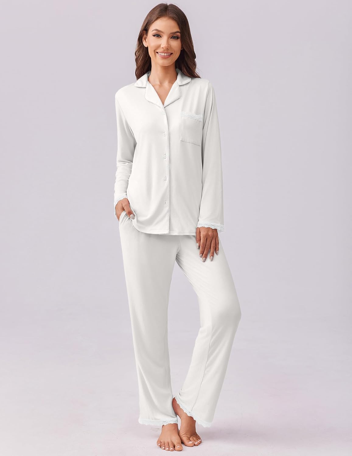 White long-sleeve button-down pajama set with chest pocket and lace-trim cuffs