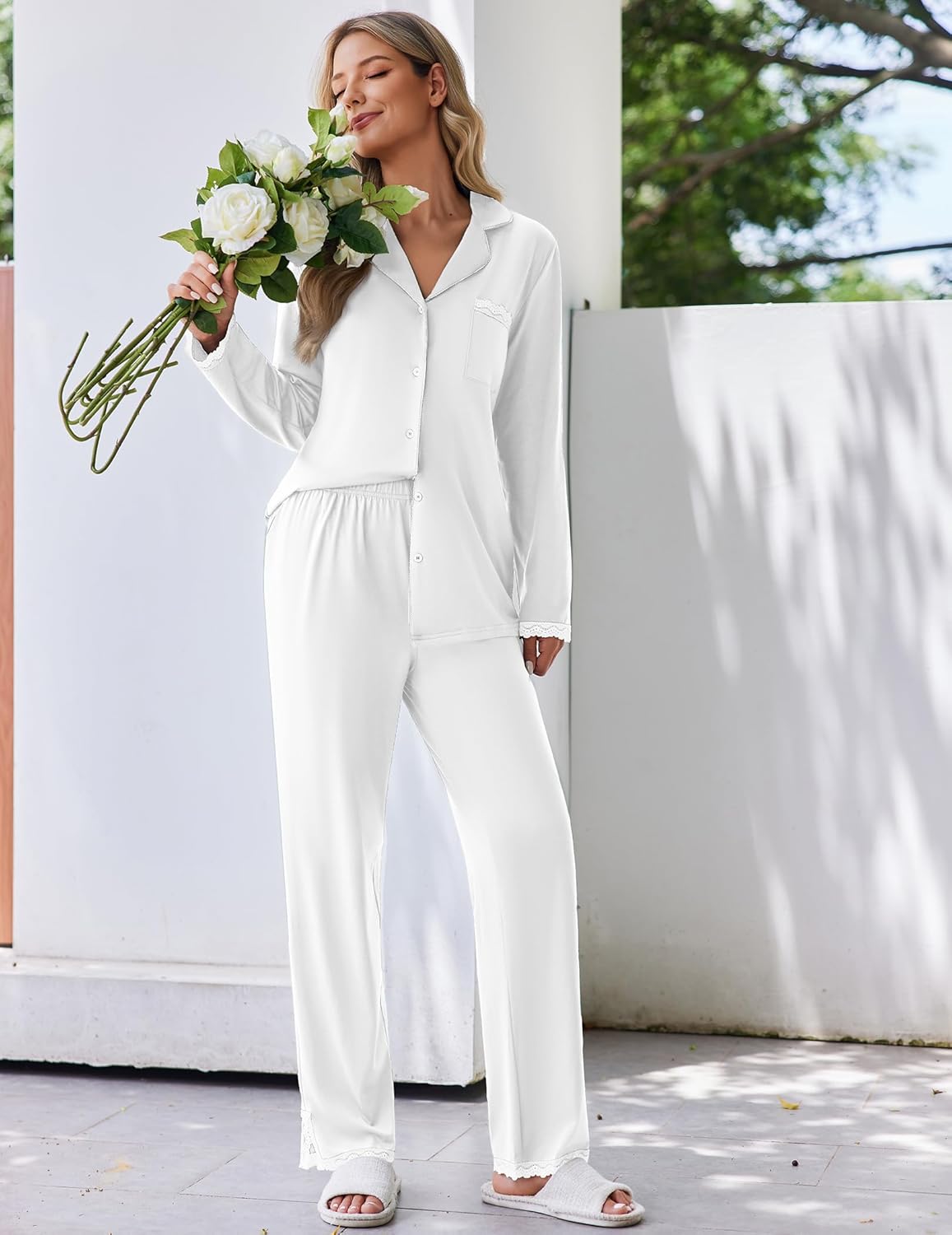 White long-sleeve button-down pajama set with matching lounge pants