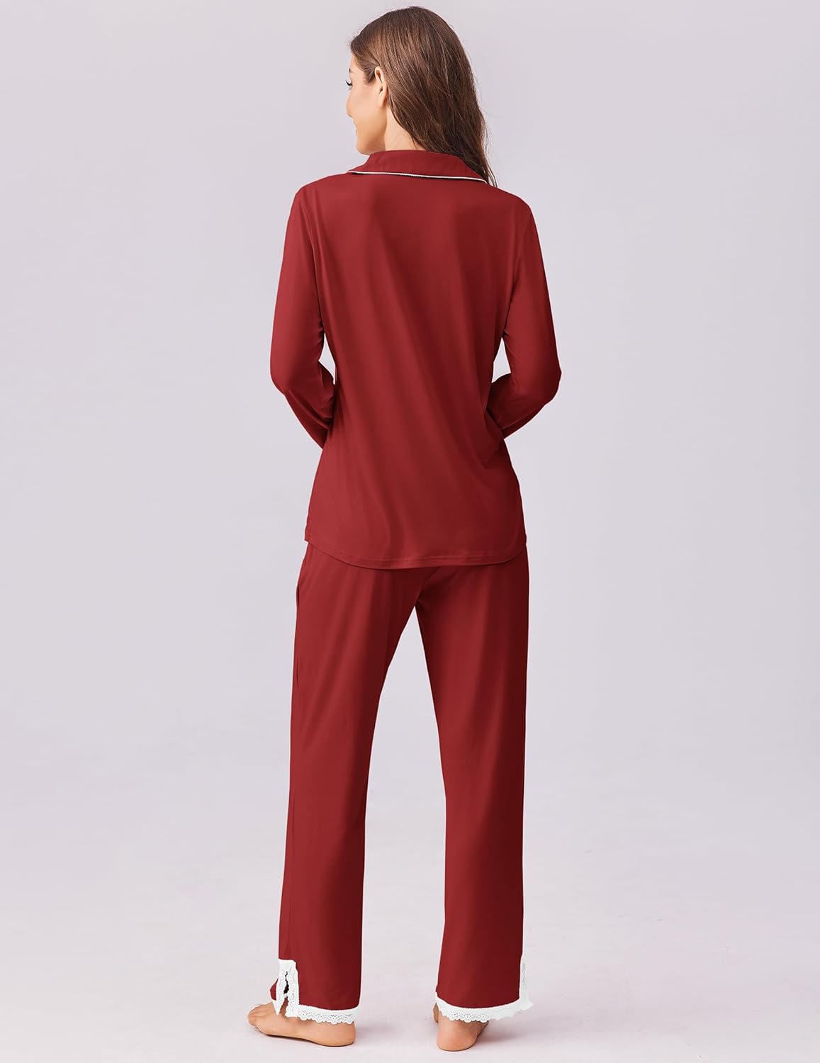 Back view of red long-sleeve button-down lounge pajama set with straight-leg pants