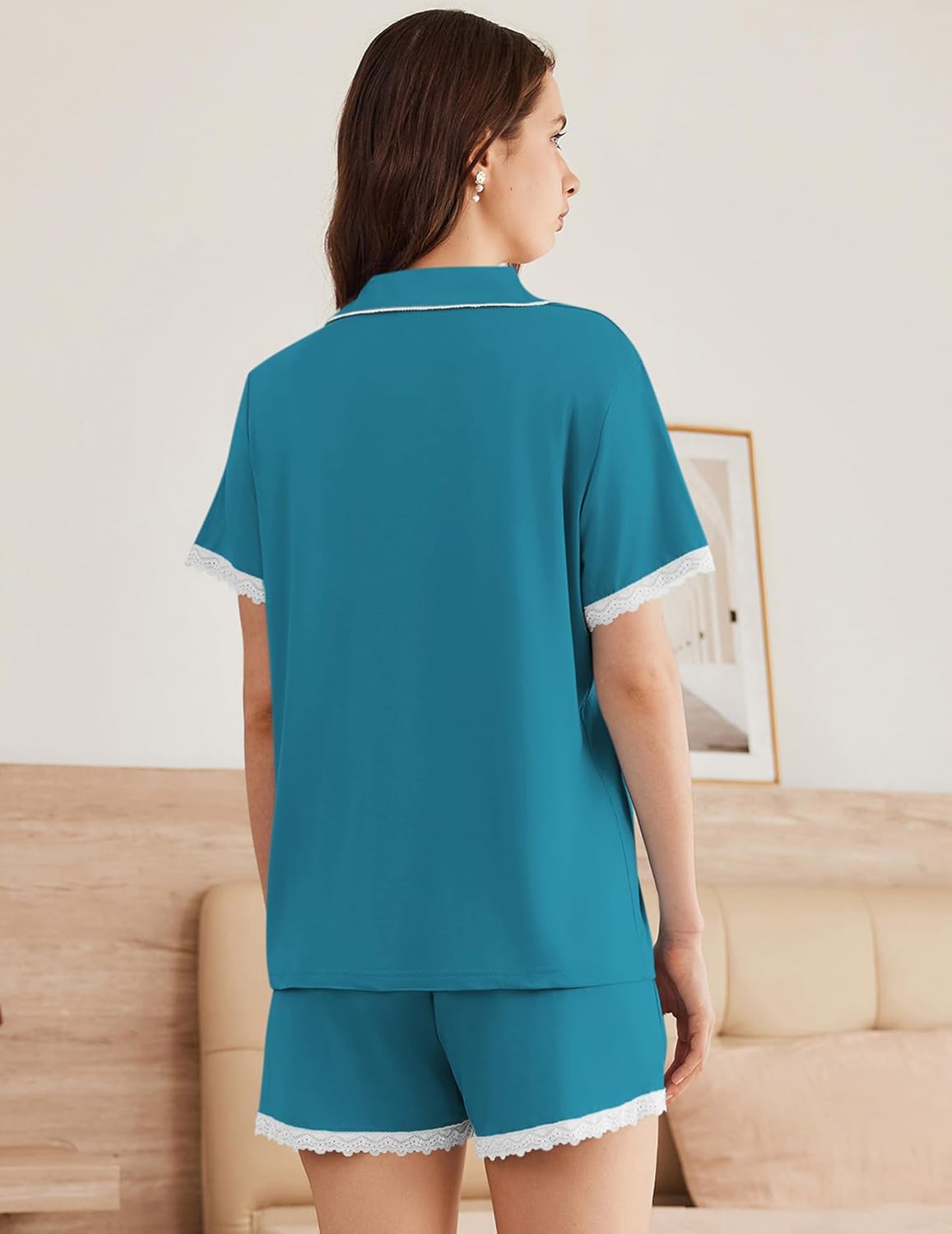 Pajama set in Blue Green: button-down top and lace-trimmed shorts, back view