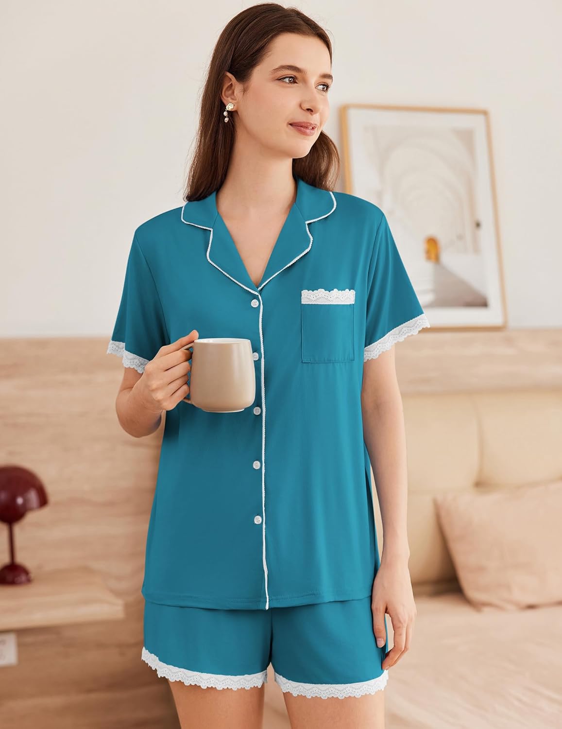 Teal pajama set: short-sleeve button-down lounge top with lace-trim shorts